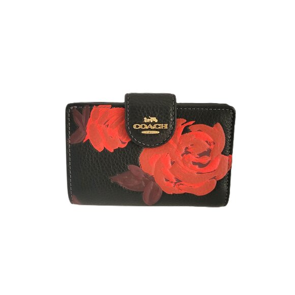 Coach CCL63 Medium Corner Zip Floral Print Bifold Wallet Pebbled Leather Red - Picture 2 of 7